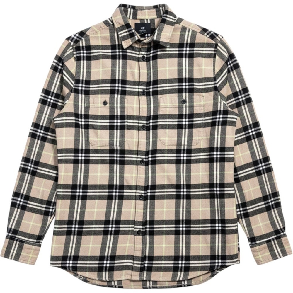 HM Men's S Regular Fit Plaid Flannel Shirt Tan Black Green Cotton Streetwear